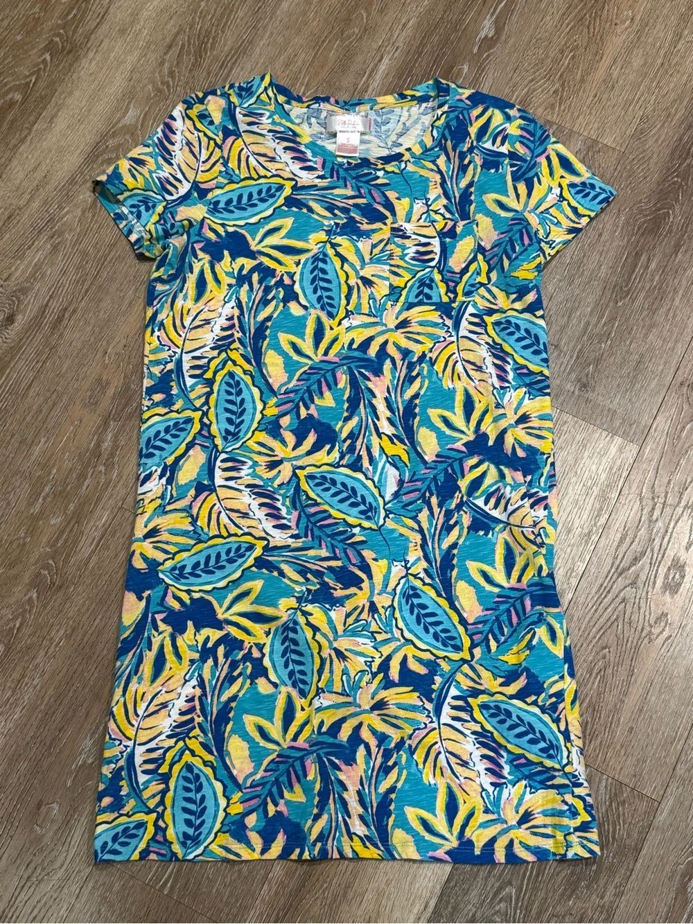 Stella Parker Collection Tropical Floral T-Shirt Tunic Dress Blue, Teal, Yello S